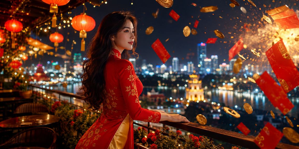 Người phụ nữ mặc áo dài cầm phong bì đỏ truyền thống tượng trưng cho thưởng may mắn dịp lễ