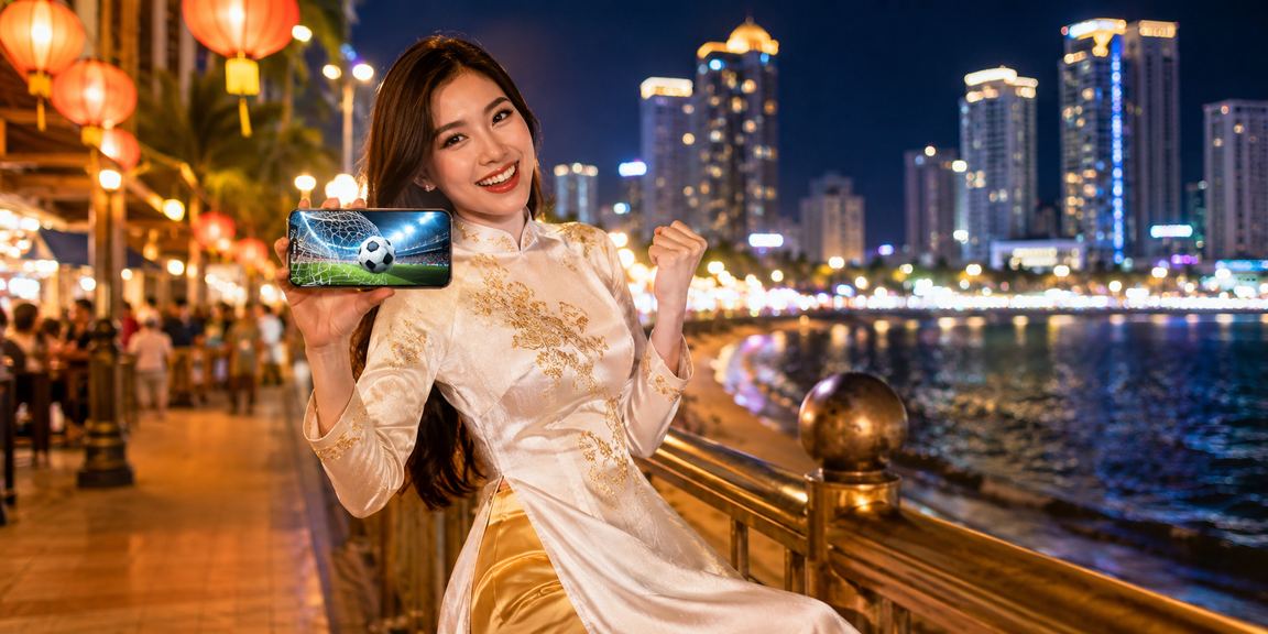 Người dùng Nha Trang mặc áo dài đăng ký tài khoản nhận thưởng tại khu nghỉ dưỡng ven biển